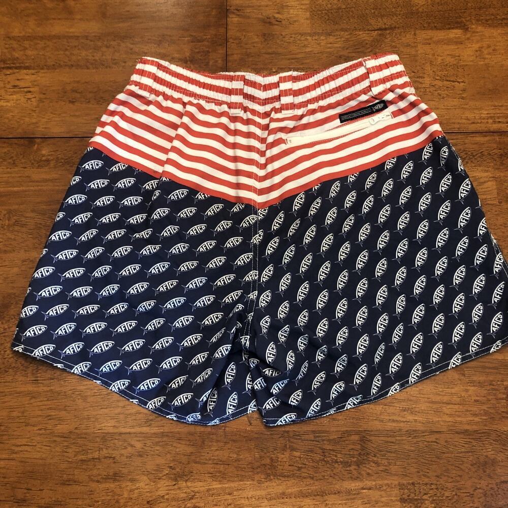 AFTCO Swim Trunks Mens Medium Red White Blue American Flag Swimwear Fishing - Picture 10 of 12